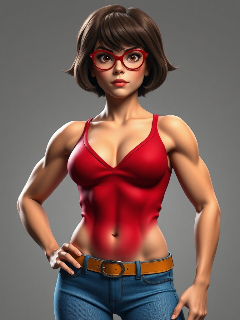 Generate a full-length hyper-realistic render of Velma Dinkley. Instead of her usual build, depict her with a muscular physique reminiscent of a chiseled superhero - defined muscles and a V-shaped torso. Retain her original head features. Adjust the silhouette accordingly to reflect these changes. Set the character against an appropriate background.