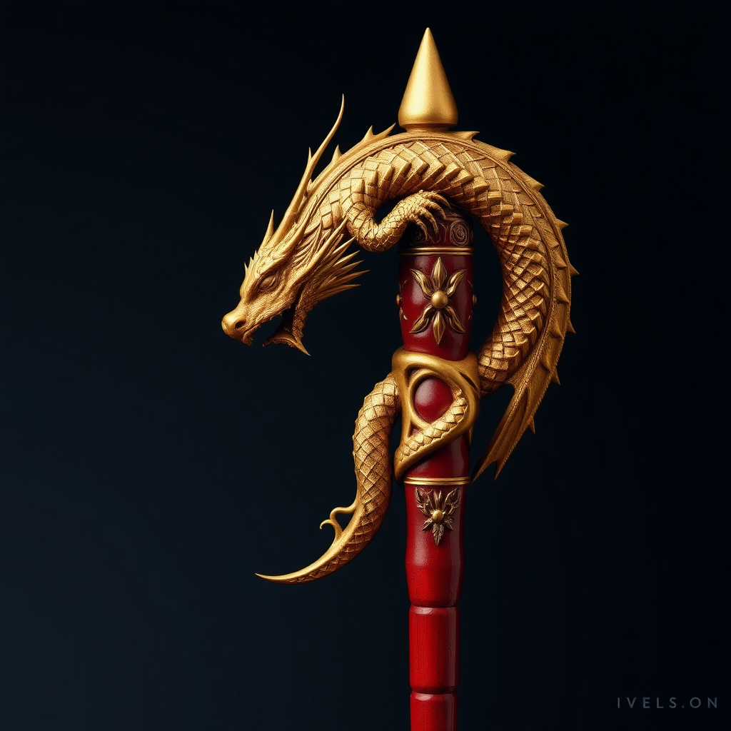 a wizard's staff with a red wooden shaft, a golden dragon at its tip whose tail wraps around the shaft. I want to see the entire object with the full length of the shaft. All this in a fantasy style and the universe of Dungeons and Dragons.