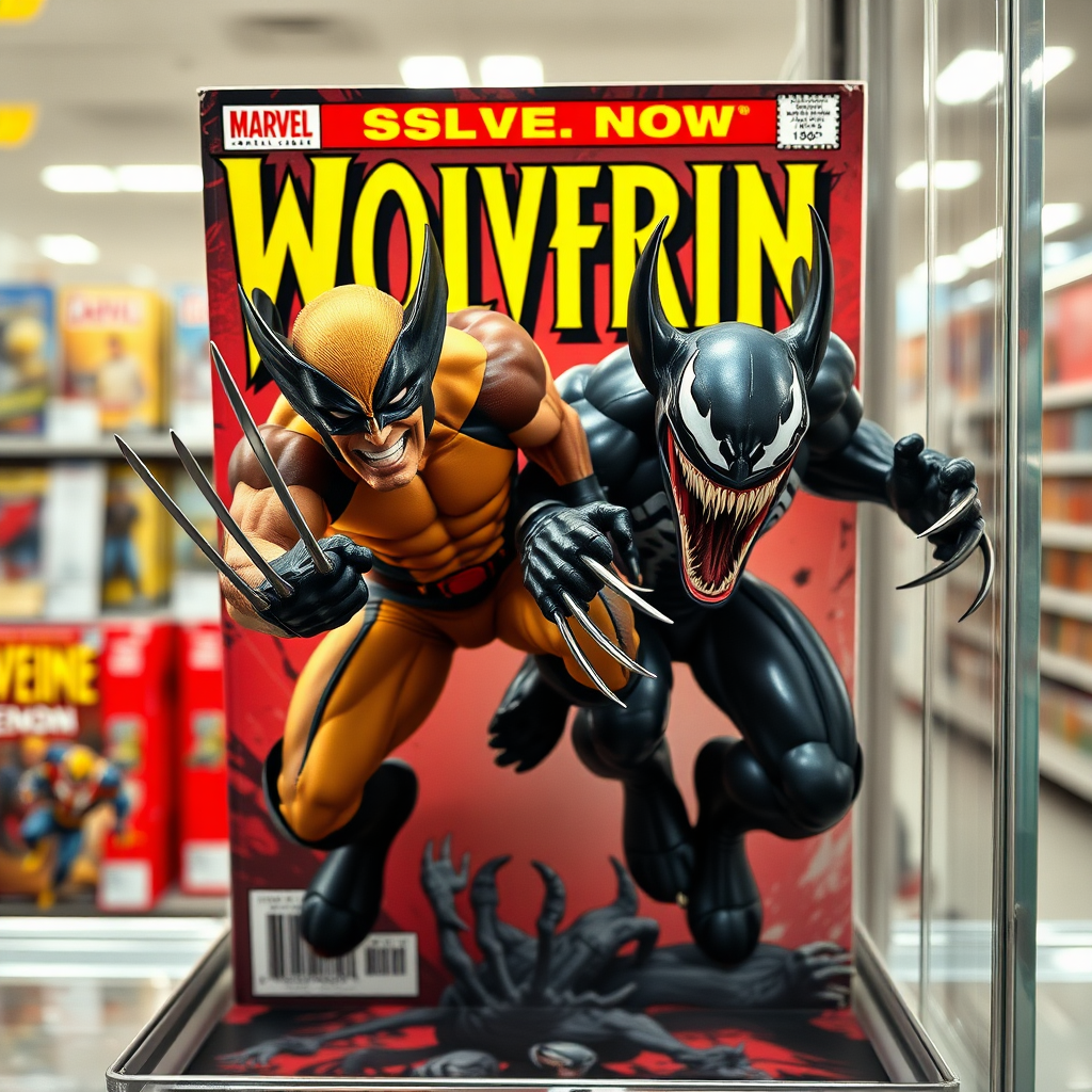 Jumping out of a comic book cover on a store shelf are Wolverine and Venom. Wolverine has his three claws in cinematic real 3D photo-realistic quality.