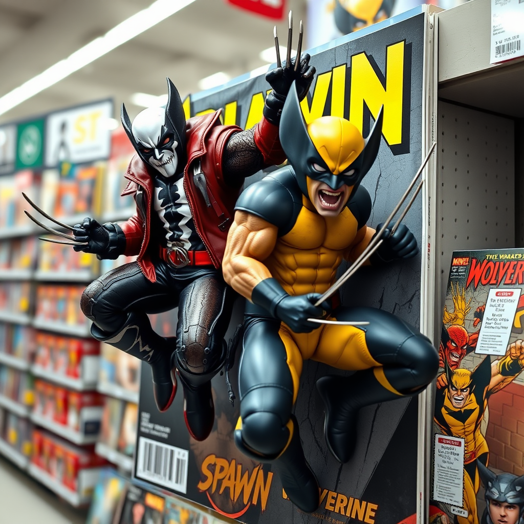 Jumping out of a Comic book cover on a store shelf is Spawn and Wolverine in Cinematic Real3D photo-realistic quality.