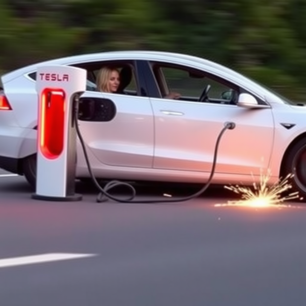 A woman driving a white Tesla with the charging cable still plugged into it because she forgot to unplug it before driving off. The car is in motion, on the road, with the entire Tesla Megacharger still attached, being dragged behind the car, sparking.