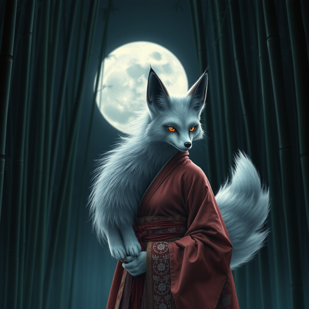 a eerie-looking nine-tail-silverfox in a female Korean hanbok, in front of the full moon in a bamboo forest