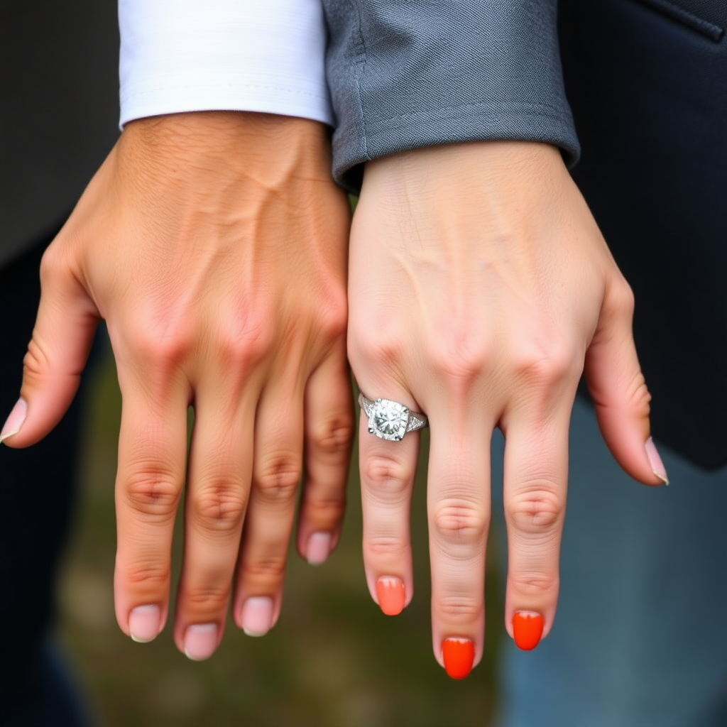 a man and woman's hands, the woman's hand has a 5 carrot engagement ring on it.