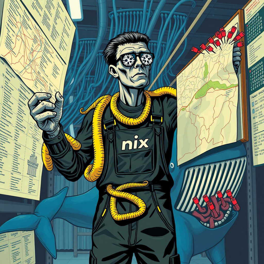 a cyberpunk frankenstein holding a big map in one hand and reaching for marker pins on a high board in a data warehouse. Pythons are around his arms. In the background are streams of data. His Overall reads "nix". He wears glasses in shape of snowflakes. he stands in front of a puzzled blue whale with intestines coming out.