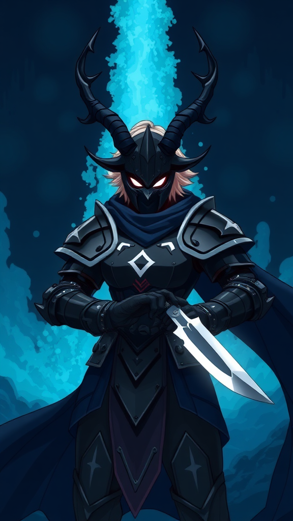 (Anime-pixel art) background of a massive dark blue-black-dark magic fountain erupting into the air, a fierce and violent knight stands poised for battle. She wears sleek, black knight armor, marked by a small white eye symbol at its center, exuding an air of intimidation. Her face is obscured by a terrifying goat-like mask, with a single glowing white eye on the right, and another white eye symbol perched at the top of the mask, adding to her menacing presence.

The knight's imposing silhouette is accentuated by two large, dark-silver shoulder guards that gleam ominously in the darkness. Draped behind her is a flowing dark-blue cape that billows dramatically, hinting at her formidable power. Atop her head, two impressive deer antlers rise, further enhancing her fearsome appearance, while her short, tousled blonde hair peeks out from beneath the mask, she is holding in her knife-with black-dark magic meant to open dark fountains

This is the Roaring Knight, known as Mayor Holiday from Deltarune, captured in a striking full-body view that highlights both her ferocity and enigmatic allure.