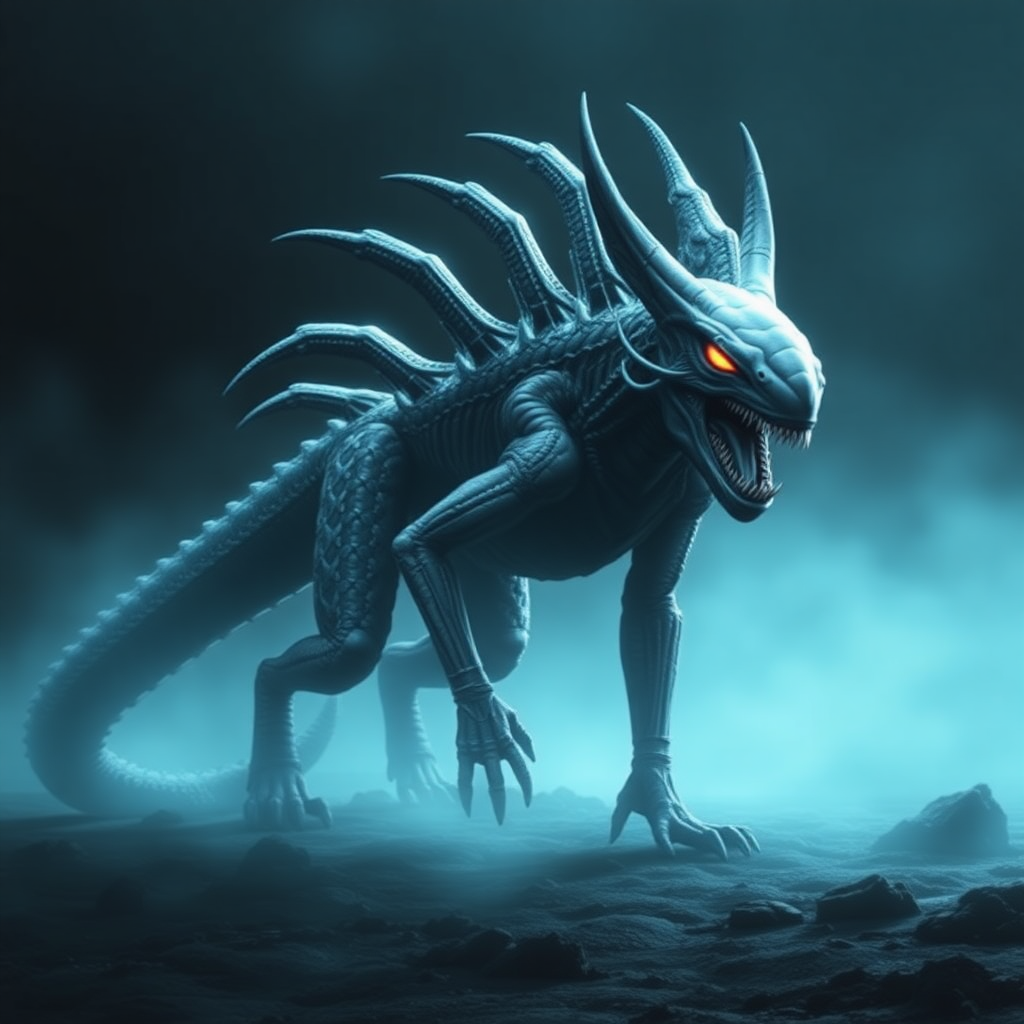 realistic fusion of the nine tailed fox from naruto and a xenomorph as a single entity