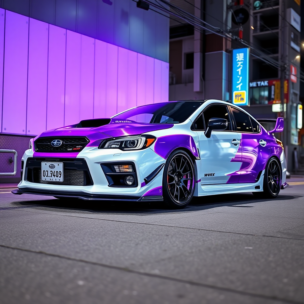 A chrome white Subaru Impreza WRX tuning with purple neon and purple vinyl in Tokyo.