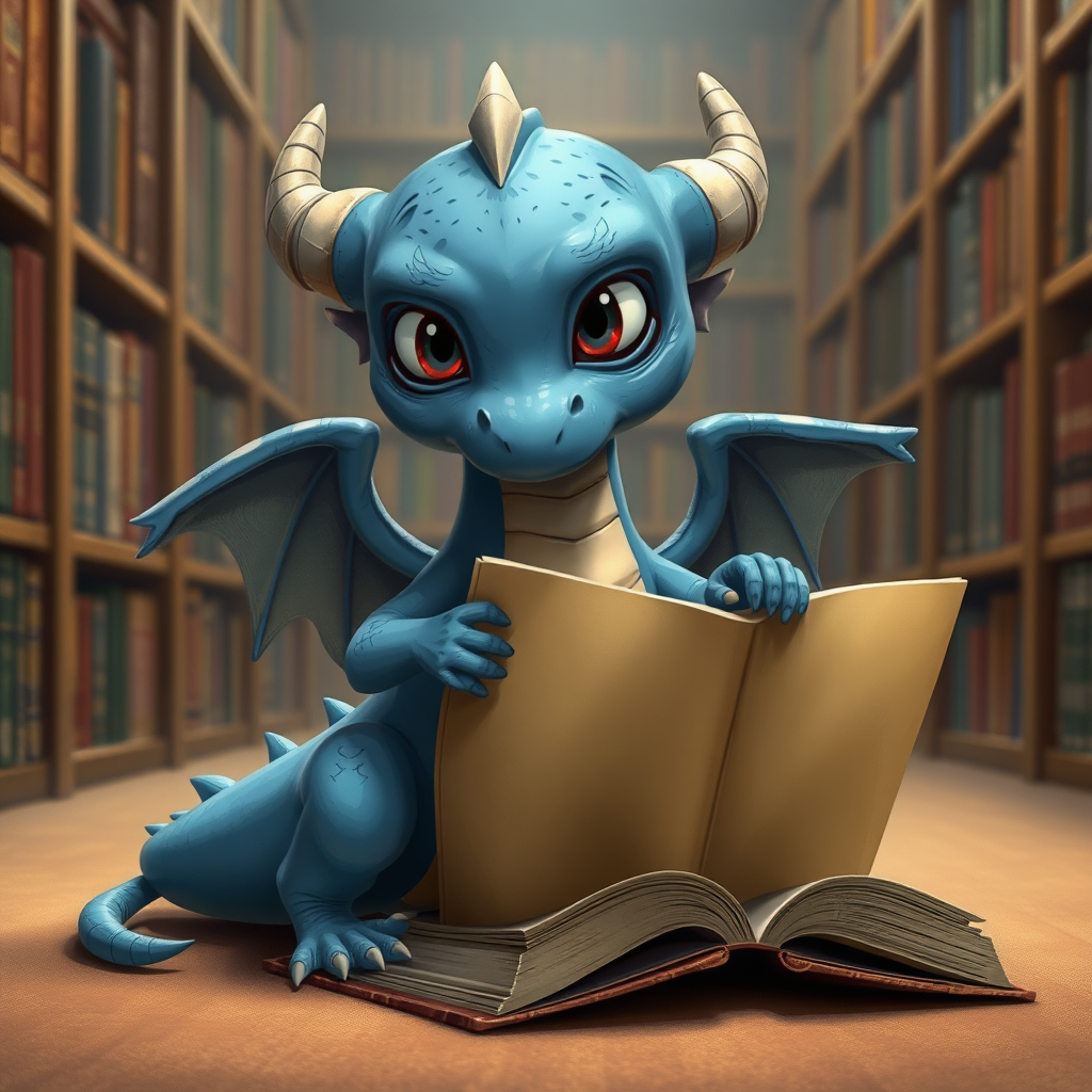 A realistic bored blue small dragon with two legs, two arms, black eyes with red pupils and wings in a library reading from a large book that is sitting on the ground beside him.