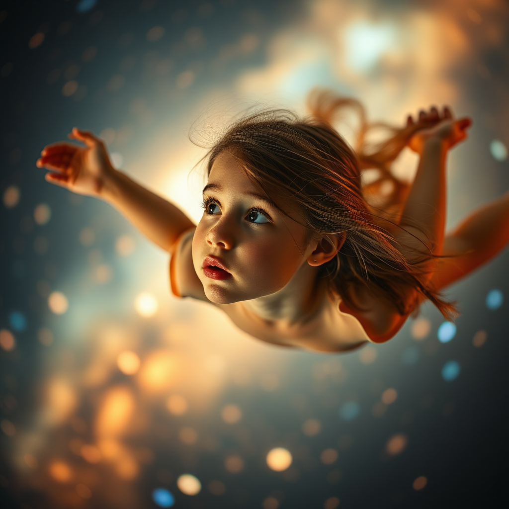 preteen girl floating in space, Low Key Lighting, dreamscape, nebula, Bokeh, abstract, brilliant colors, glittering, translucent, iridescent, natural skin, glowing, artistic photo, panoramic, awe, airy, original, experimental, interdimensional