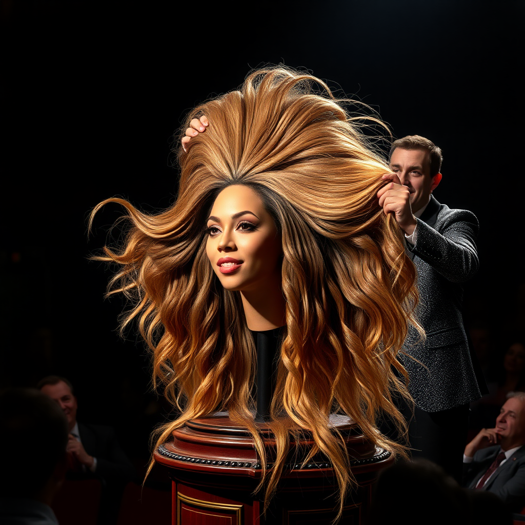 In a dimly lit theater, the atmosphere crackles with anticipation, the audience's murmurs a blend of curiosity and skepticism. On a grand, elegantly adorned display stand sits the disembodied head of the enchanting Beyoncé, her radiant skin glistening under the soft, warm glow of the spotlight. Her striking features are perfectly framed by cascading locks of lustrous, very long hair that shimmer with hues of light brown and hints of rich mahogany, reminiscent of polished silk.

Standing beside her is the magician, a charismatic figure in a sharp, tailored suit that glints with sequins in the light. With theatrical flair, he holds her voluminous hair aloft, fingers splayed wide, deftly spreading it out like a shimmering waterfall, mesmerizing the audience. The hair flows like liquid night, each strand capturing the light as it falls gracefully to the ground, creating a stunning, almost surreal contrast against the stark wooden stage.

The magician’s face is lit with a confident smile, his eyes sparkling with the thrill of the performance, as he engages the audience with playful banter. Their gasps and laughter echo throughout the room, a symphony of wonder and disbelief. The scent of polished wood and fresh popcorn wafts through the air, mingling with the underlying electricity of the moment. Time seems to stand still as the audience leans in, captivated by the spectacle, a seamless blend of illusion and artistry that promises to defy reason and ignite imagination.