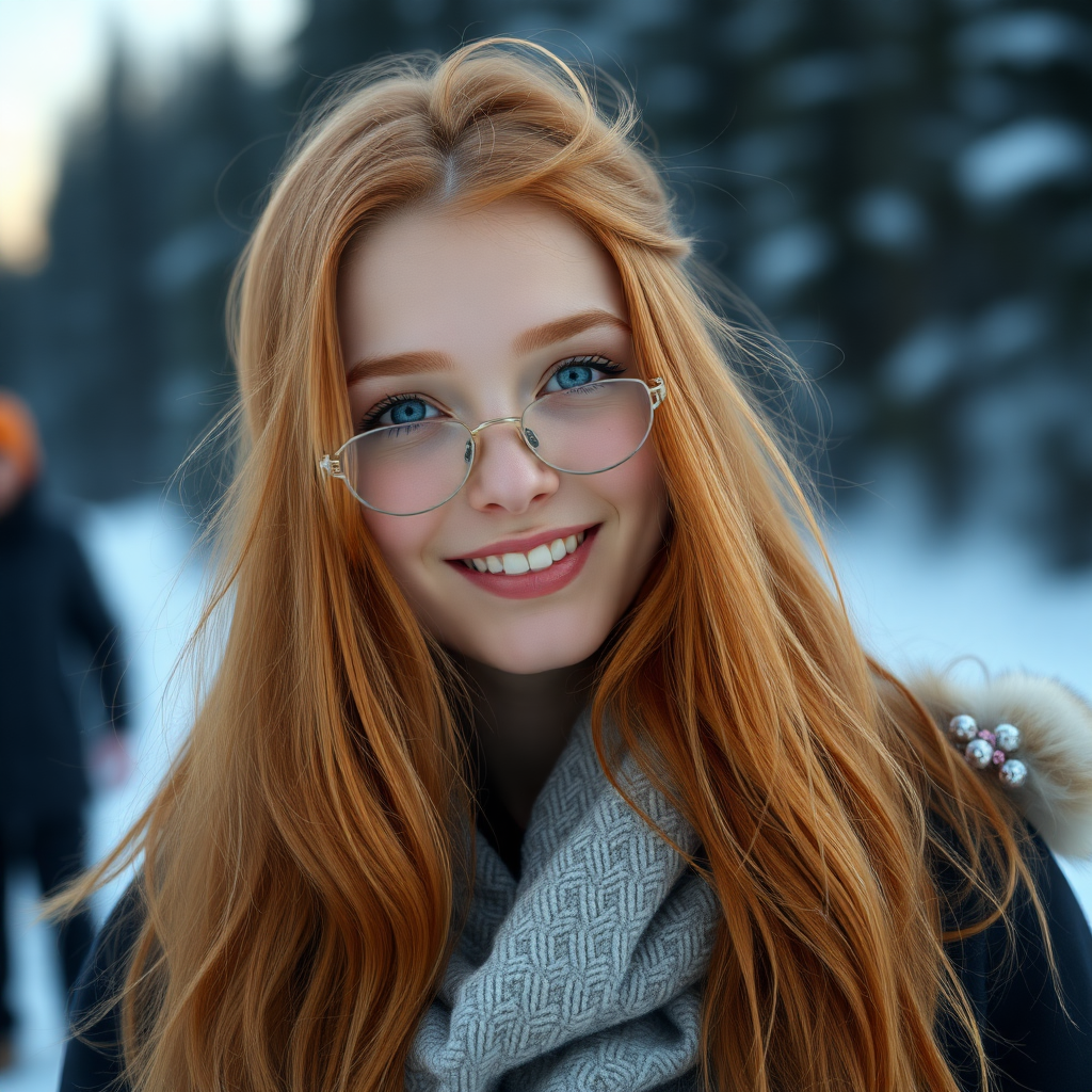 beautiful young woman with lush ginger long hair, full lips, perfect eyebrows, pale skin, on Alaska during winter happy