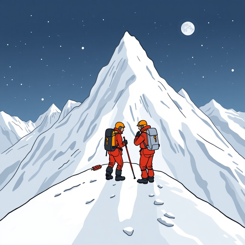 alpinists doing a survey at the top of mont blanc cartoon style