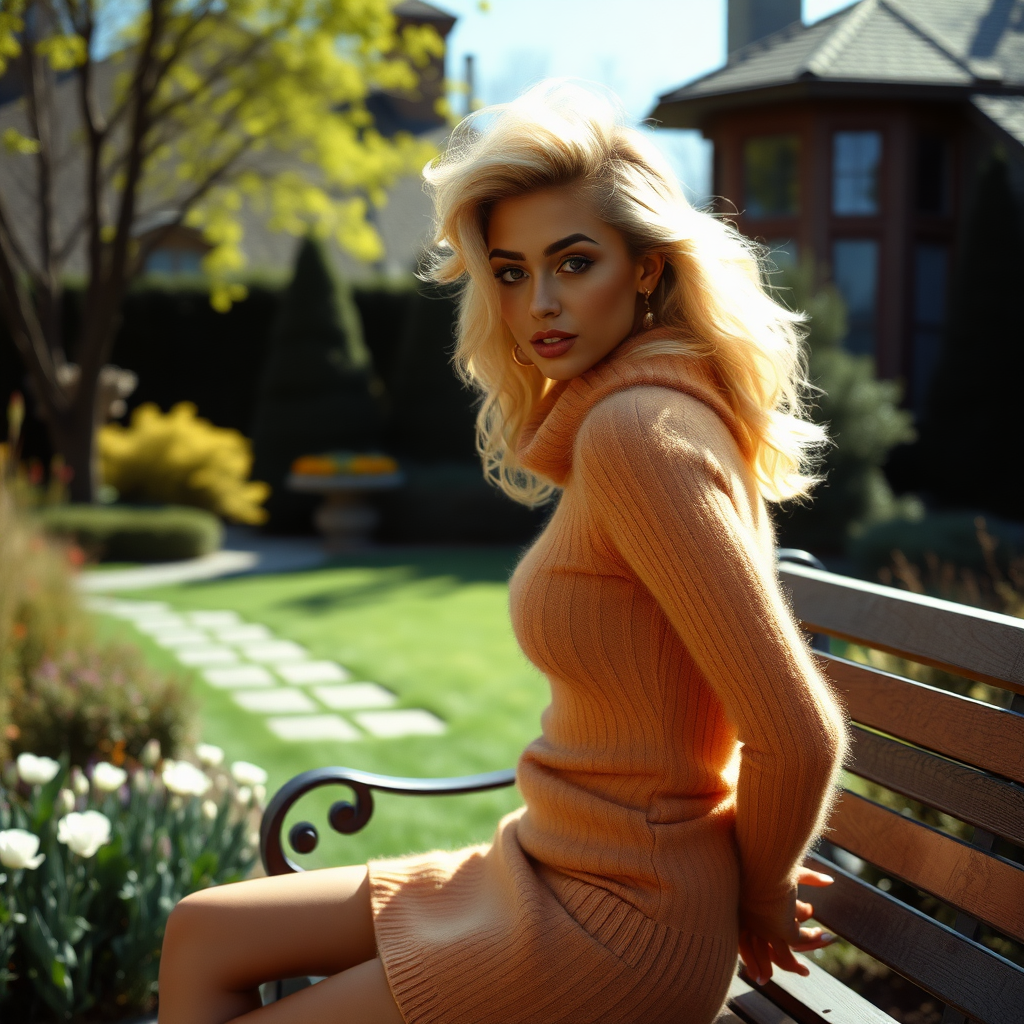 Vancouver1990s sunny spring noon, ritzy mansion garden, femboy sitting on bench looking at camera. Sam, 19 years old mulatto beautiful trapped unvoluntary femboy, rather short booty figure, long blond perm mane “Samtha Fox 80s-style”, flawless heavily made-up face with sharp arched tattooed eyebrows, long French nails, wearing feminine very fluffy extremely fuzzy bright camel angora tight figure-hugging sweaterdress with oversized very fluffy extremely fuzzy turtleneck and tight hemline, gold earrings, both hands behind back, surprised saying “oooohhhh!”.