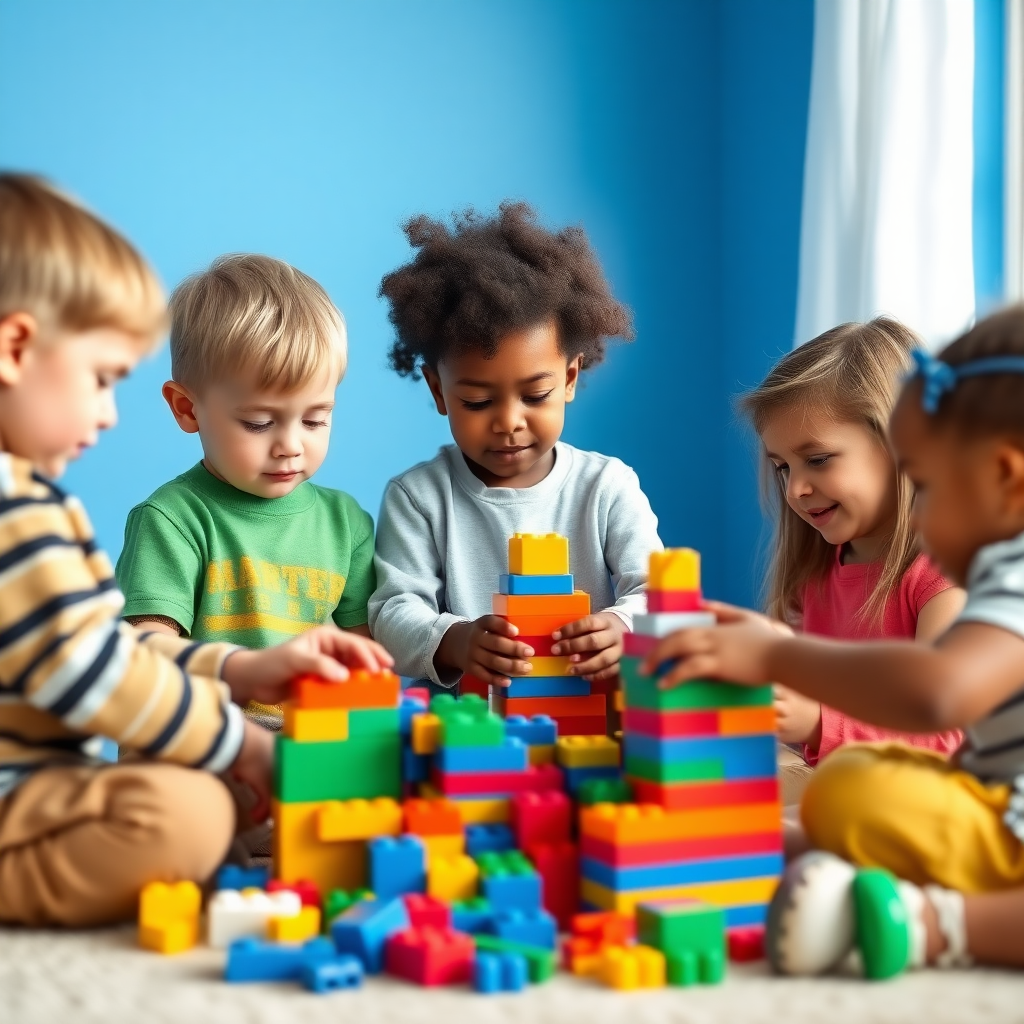 A group of 5 different children who are short in height, long in height, fat, have black or fair skin playing toy building blocks age 10 and room in which they are playing should have blue color walls.