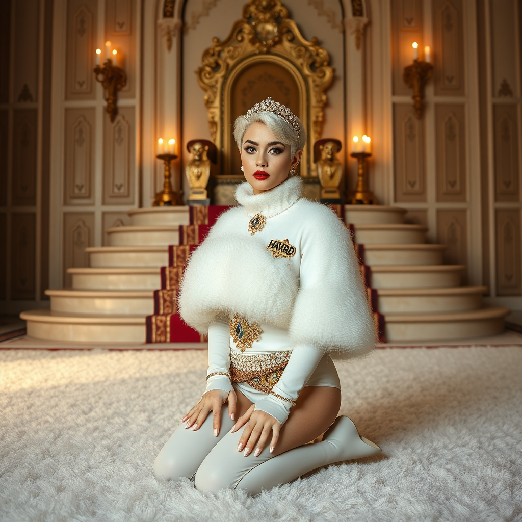 Kuwait desert palace throne room, throne raised on stair head. In front of stairs, kneeling on white fluffy carpet: Melissa, European 17 years old very convincing femboy “trophy-bimbo”, tamed servile docile, very beautiful feminine flawless face, rather short boyish figure, platinum blond short tight curls, bold red lips, heavily made-up face, wearing Supertanya-style fluffy very fuzzy bright white angora turtleneck-poncho cropped ending under bust decorated with pearls and gemstones, striking oriental ancient chastity belt, white vinyl thigh-high boots with golden heels, full Oriental bridal jewelry with striking headpiece, full Oriental face-jewelry, striking diamond “HAVARD” letter brooch on left chest, pout frustrated, leashed, hands tied behind back, looking at camera. Full view of scene from side-perspective.