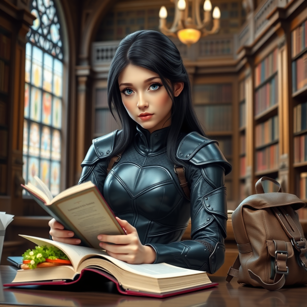 beautiful young woman, dark hair past her shoulders, blue eyes, small, slim figure, wearing full leather armor suit, sitting, reading book, on the table, a sandwich and backpack, in a grand old library.