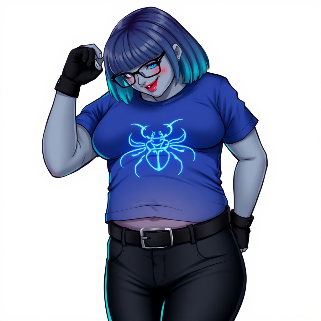 A 28-year-old, full-figured, metallic middle gray-skinned computer program hybrid with a maximum blue bob cut. She has a non-athletic build, highlighted by a prominent, round midsection (with a focus on her belly). As a digital sidekick, computer hacker, and nerdy girlfriend to her cyberpunk vigilante boyfriend, her middle gray metallic skin and maximum blue lipstick emphasize her digital nature. She wears a tight-fitting, maximum blue t-shirt (accentuating her belly) with a neon blue glowing chest icon of a beetle, black pants, a black belt with a sapphire scarab buckle, and black gloves. Her bright blue eyes, black eyeglasses, and lovestruck smile with neon red blush accentuate her nerdiness. She bows her head bashfully with her hands behind her back and a neon red blush, her t-shirt covering her midsection (especially her belly) and emphasizing her full-figured, non-athletic physique. She is on a solid white background. She is drawn as if she was in a retro 2D cyberpunk fighting game. She is clearly non-athletic, with a focus on her full figure. Ensure her t-shirt covers her midsection (especially her belly).