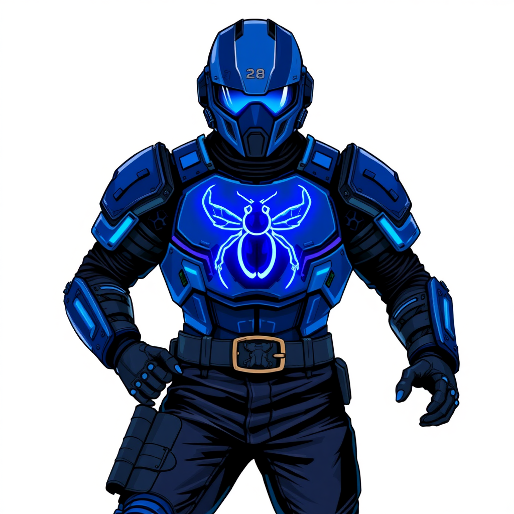 A 28-year-old cyberpunk vigilante stands heroically, clad in high-tech, maximum blue body armor featuring a neon blue glowing beetle on the chest. They wear black biker pants, a black belt with a sapphire beetle buckle, and a head covering helmet resembling a sleek, tactical design, but colored maximum blue with neon blue glowing lenses. Their hands are protected by black metal gloves, all set against a solid white background. He is drawn as if he was in a retro 2D cyberpunk fighting game.