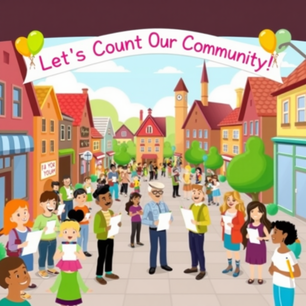 An imaginative scene of a lively town square where people of various ages and backgrounds are being counted by cheerful characters holding clipboards and pencils, with colorful balloons and a banner overhead reading, "Let’s Count Our Community!"