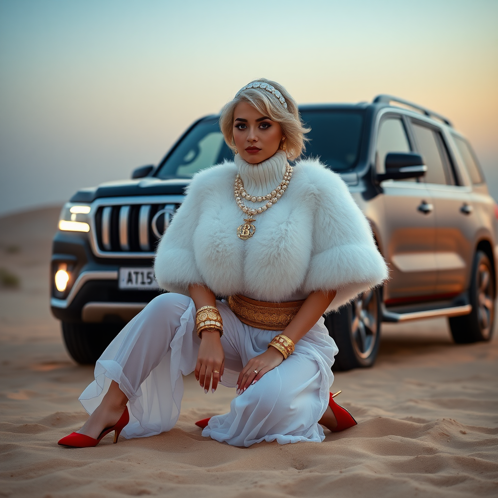 Kuwait desert dunes misty dawn, full size luxury SUV: Melissa, European 17 years old very convincing femboy “trophy-bimbo”, tamed servile docile, very beautiful feminine flawless face, rather short, by hormones very curvaceous womanly figured, platinum blond short tight curls, bold red lips, long white French nails, heavily made-up face, wearing Supertanya-style fluffy very fuzzy bright white angora turtleneck-poncho cropped ending under bust decorated with pearls and glass stones, striking oriental wide gold bridal protection belt, white fully transparent harem pants, bright red pumps with golden very high heels, full Oriental bridal jewelry including headpiece, nose-ring, coin wristlets, coin anklets, striking diamond “Bimbo” letter brooch on left chest, thick heavy pearl wristlets, pearl anklets, pout frustrated, kneeling in sand in front of SUV, looking at camera. Focus on face and turtleneck-poncho.