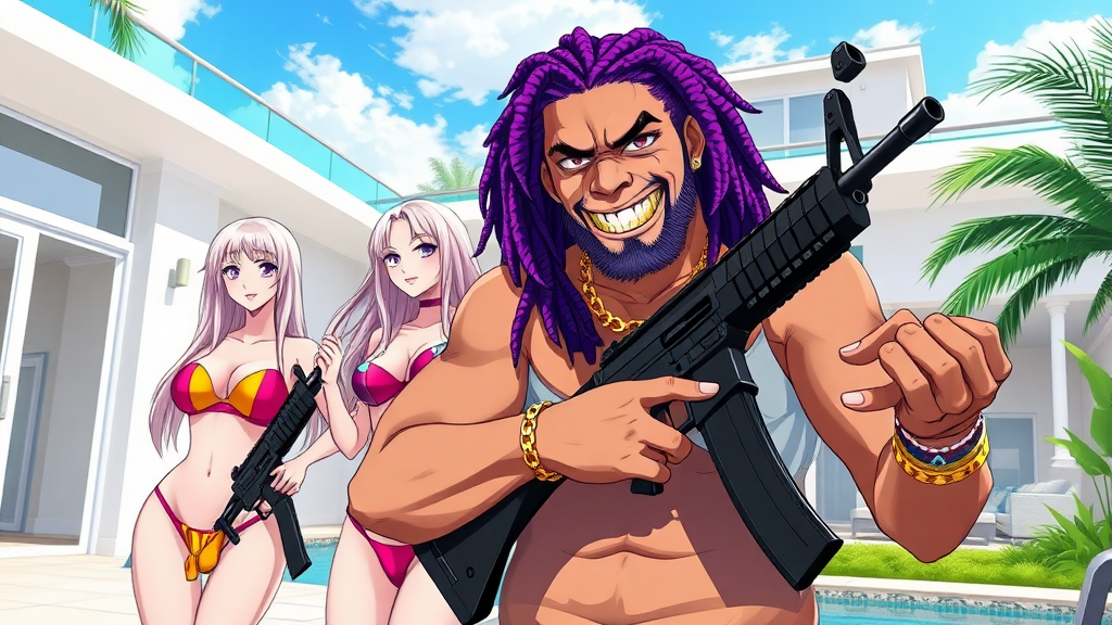 A high-quality anime art scene, a white thug male with purple dreadlocks, golden grills, holding 2 AK-47s, in a modern-day mansion outside in Miami Beach. There are 2 white blond girls with micro-bikinis and G-strings next to him.