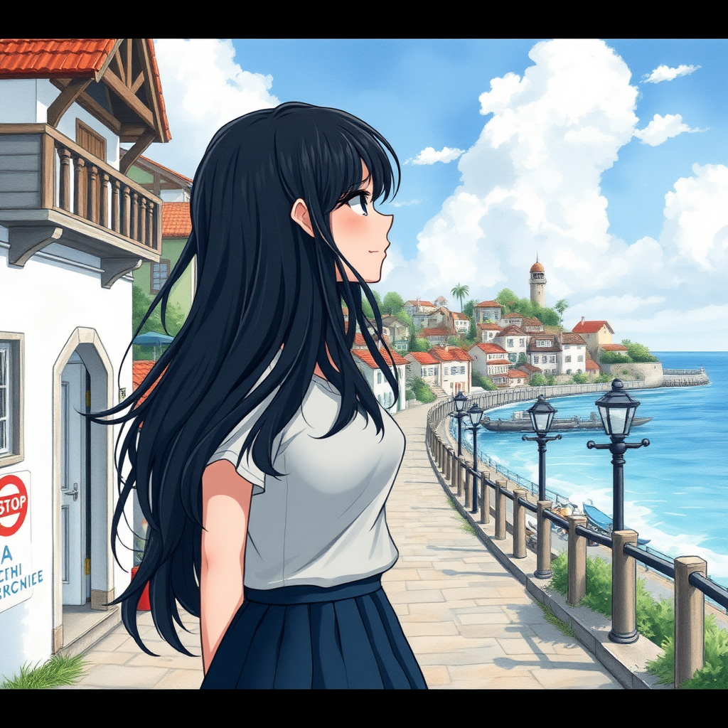 1 raven haired girl walking down a seaside town in watercolor anime style