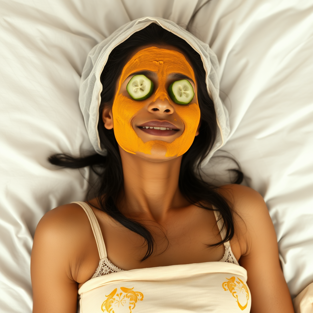 A skinny, traditional, 30-year-old Indian wife with hair covering, wearing a bra, lying on a bed. Her face is covered with a turmeric face mask, and her eyes are covered with cucumber slices. She looks satisfied from her facial expression.