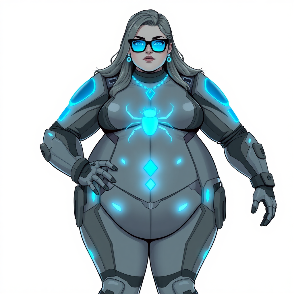 A 29-year-old computer science major, she is the devoted girlfriend of a vigilante and serves as his dotingly pampered, full-figured, nerdy digital sidekick. She is now a Computer Program hybrid, with a unique, metallic Middle Gray (N5) skin color that matches her suit and hair, making her resemble a computer program. Her long hair, suit, and skin are all Middle Gray (N5). Her neon blue eyes are mesmerizing. Her full figure, especially her prominently gargantuan round midsection, shows just how heavily fed and pampered she is, with sequoia-sized limbs and broad shoulders.

As a loyal and supportive sidekick, she plays a crucial role in their missions, using her digital prowess to assist and protect. She wears a blue sapphire scarab necklace and blue sapphire earrings, which she received as symbols of their love before his 5-year disappearance. Her digital and computerized biker suit, also Middle Gray (N5), covers her entire body and is adorned with a neon blue beetle emblem on its chest. The suit is equipped with high-tech features, including holographic displays and integrated hacking tools. She has matching high-tech gloves. She emits neon blue data cubes from her body, set against a solid white background.

Heavily, attentively, and immensely pampered through being well-fed since their reunion, her full figure clearly shows the extent of care she has received. Despite her digital enhancements, she retains her human vulnerabilities, including hunger and sleep, and is not immune to human weaknesses. She has the ability to hack into computers and machines, and her nerdiness is blatantly obvious with her black oversized eyeglasses. Her full figure, especially her gargantuan midsection, is prominently displayed and heavily emphasized. Her outfit, influenced by DC’s Jennifer Knight Phantom Lady, remains distinct.

Despite her boyfriend’s limited resources, she assists in the war on crime by serving as a minicomputer, traveling in a high-tech wristwatch and supercar’s computer system. Using her hacking abilities, she relays crucial knowledge related to missions. She is drawn as if she was in a retro 2D cyberpunk fighting game.