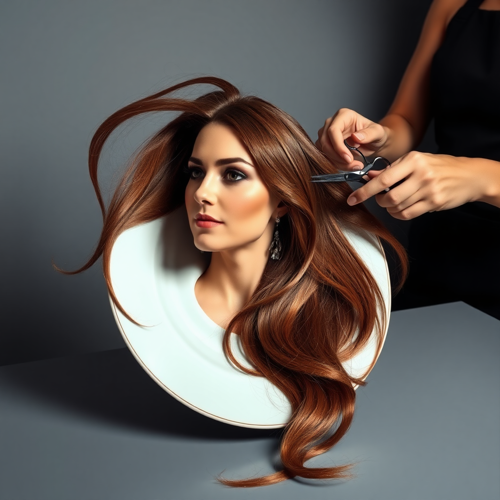 In a strikingly surreal scene, a beautifully crafted porcelain plate holds the disembodied head of a graceful Kate Middleton, her long, flowing hair cascading around like a luxurious waterfall of silky strands, shimmering in various shades of deep chestnut. Each hair seems to catch the light, creating an almost ethereal glow. Nearby, a meticulous hairdresser, dressed in a sleek black apron, carefully snips away at Kate's locks with precision scissors, their actions fluid and deliberate, emphasizing the delicate artistry of the moment.

The setting boasts minimalist decor, with a plain gray background that heightens the focus on this bizarre tableau. Soft shadows play across the smooth surface of the plate, enhancing the haunting beauty of Kate's serene expression, which conveys both elegance and an uncanny sense of stillness. The atmosphere is a blend of surreal calm and unsettling intrigue, pulling the viewer into a dreamlike space where reality and imagination intertwine. Gentle noises of scissors softly clipping away hair are the only sounds in this peculiar yet captivating scenario, heightening the tension and drawing viewers into this striking juxtaposition of beauty and the bizarre.