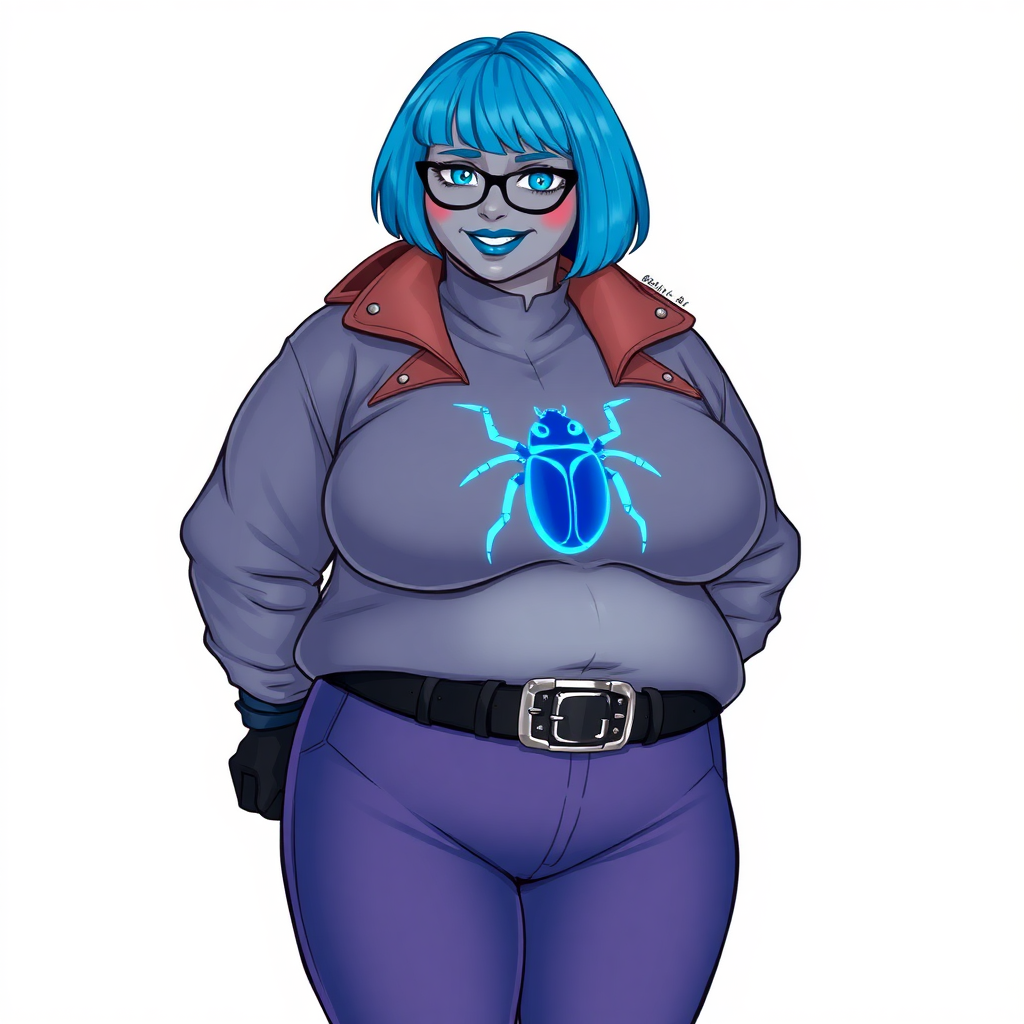 A 28-year-old, full-figured, middle gray metallic-skinned computer program-human hybrid with a maximum blue bob cut. She has a non-athletic build, highlighted by a prominent, round, large midsection. As a digital sidekick, computer hacker, and nerdy girlfriend to her cyberpunk vigilante boyfriend, her middle gray metallic skin and maximum blue lipstick emphasize her digital nature. She wears an oversized maximum blue leather shirt with a neon blue beetle chest icon, a black belt with a sapphire scarab buckle, maximum blue pants, and black gloves. Her bright blue eyes, black eyeglasses, and lovestruck smile with neon red blush accentuate her nerdiness. She stands bashfully with her hands behind her back, her bodysuit covering all her skin. Her physique is emphasized. She is on a solid white background. She is drawn as if she was in a retro 2D cyberpunk fighting game.