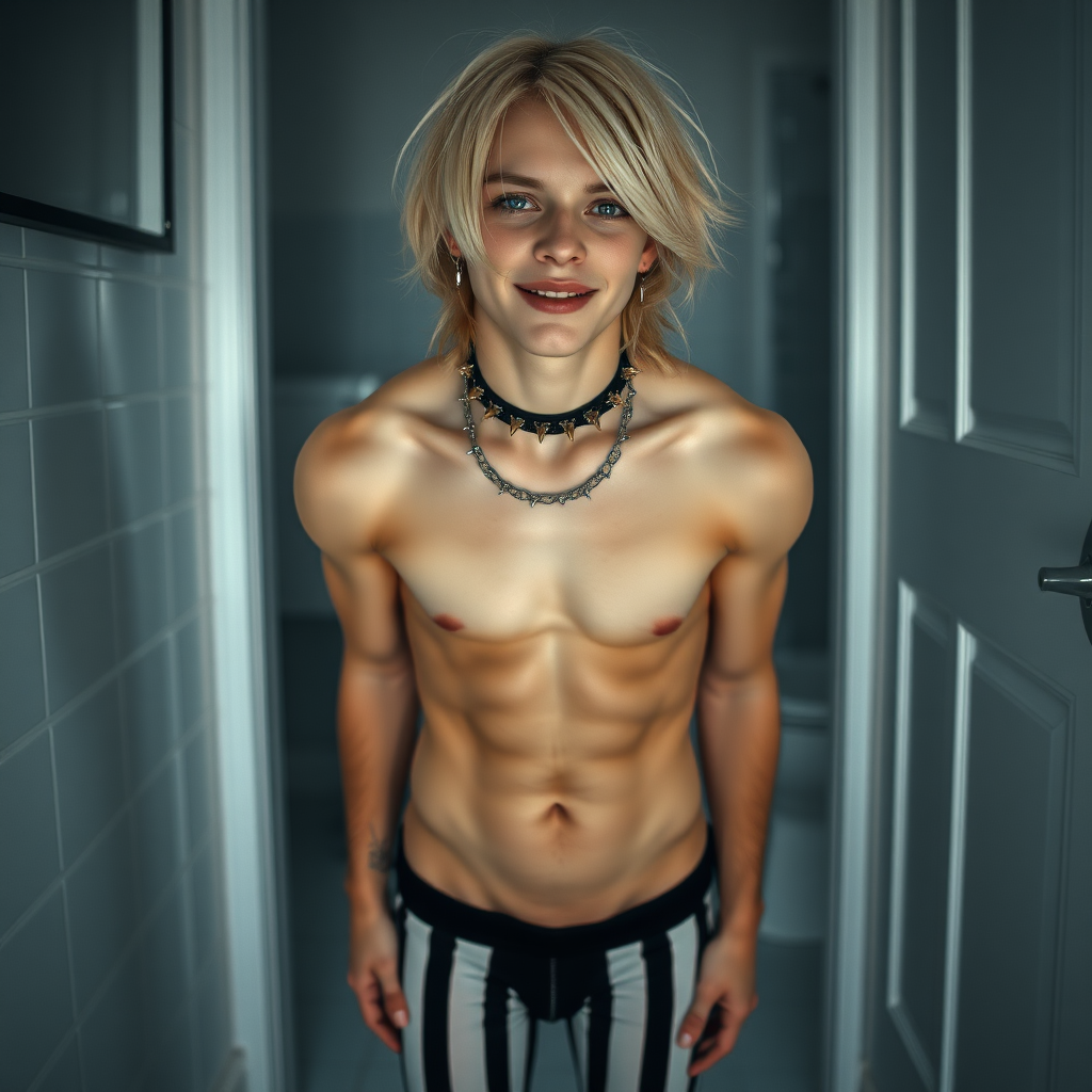 photorealistic, ultra high resolution, 16K, surreal fantasy, soft studio lighting, Caleb Swift is a pretty 16 year old goth male , slim male physique, shoulder length blonde hair, blue eyes, goth makeup, earrings, white & black vertically striped pantyhose, spikey neck collar with chain, standing on the floor of the bathroom, aroused excited smile, bulging crotch, full body front view of Caleb facing the camera.