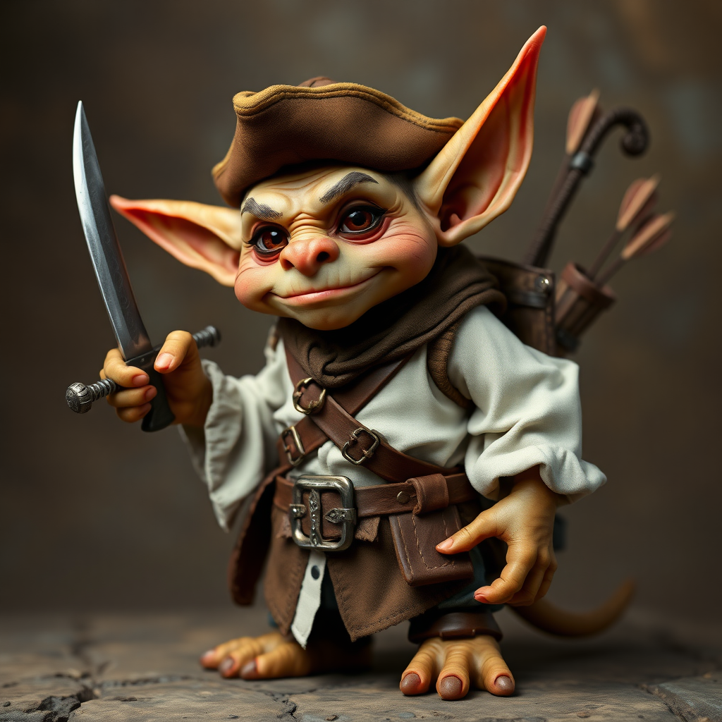 A fantastic goblin-like character with detailed hands and fingers, cute and funny in a pirate costume with a white shirt, brown vest and a large belt with a buckle, holding a sword and with a quiver of arrows on his back