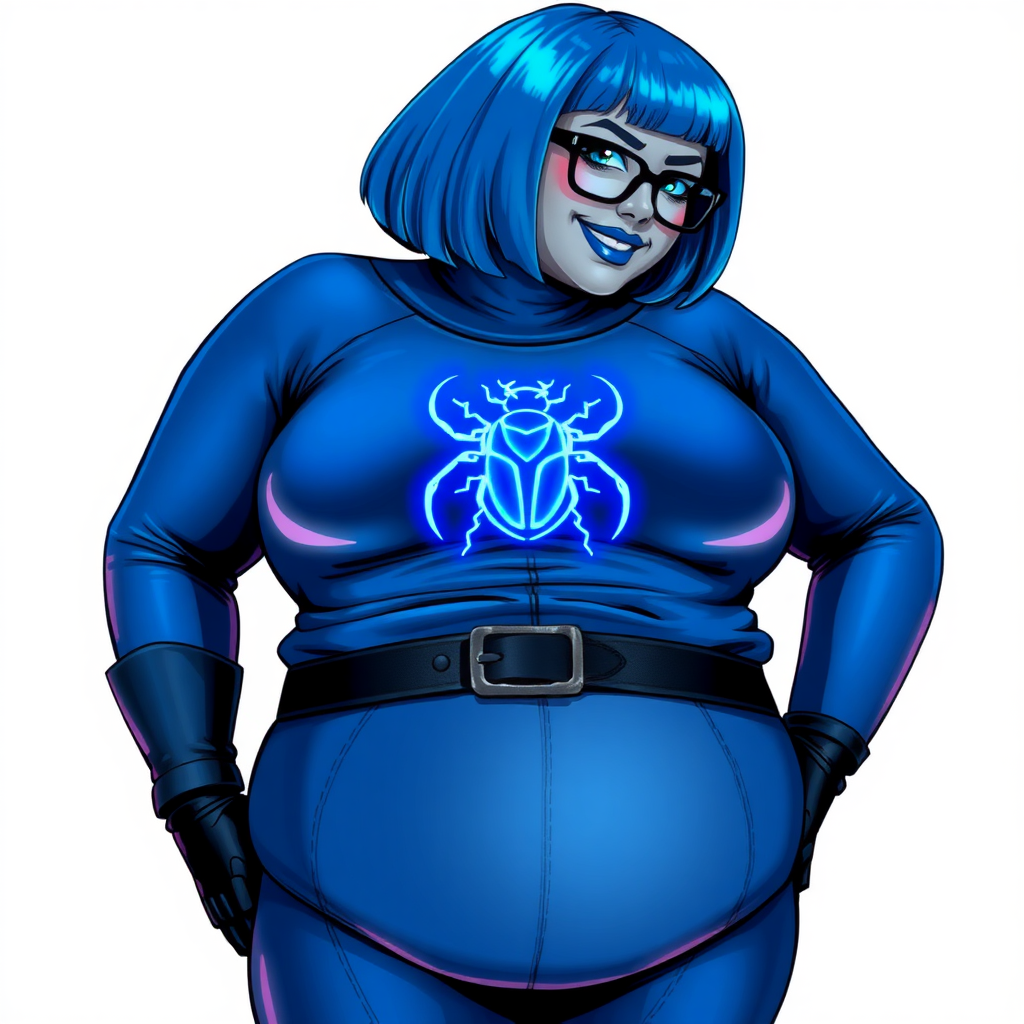 A 28-year-old, full-figured, middle gray metal skinned computer program-human hybrid with a maximum blue bob cut. She has an obvious non-atheltic build. She is the digital sidekick, computer hacker, and nerdy girlfriend of her cyberpunk vigilante boyfriend. Her middle gray metallic skin, distinct from any other character, highlights her digital nature. She wears maximum blue lipstick and has bright blue eyes. Her outfit includes an oversized, loose fitting, digital, computerized, maximum blue full bodysuit (accentuating her non-athletic figure) with a neon blue glowing chest icon of a beetle on its chest, black belt with a sapphire scarab beetle buckle, and black gloves. Black eyeglasses accentuate her nerdiness, and she has a lovestruck smile with neon red blush. Her non-athletic full figure consists of a prominent, gargantuan, round midsection (with the full emphasis on her round gargantuan belly), gigantic limbs, and broad shoulders, reflects the doting care of her vigilante boyfriend. She has a bashful pose with her hands behind her back on a solid white background. She is drawn as if she was in a retro 2D cyberpunk fighting game. Ensure her oversized loose fitting full bodysuit covers all her bare skin (especially her prominent round gargantuan belly). Her oversized loose fitting full bodysuit is influenced by Watchmen's Silk Spectre II. She is clearly non-athletic, with emphasis on her full-figured and pudgy physique.