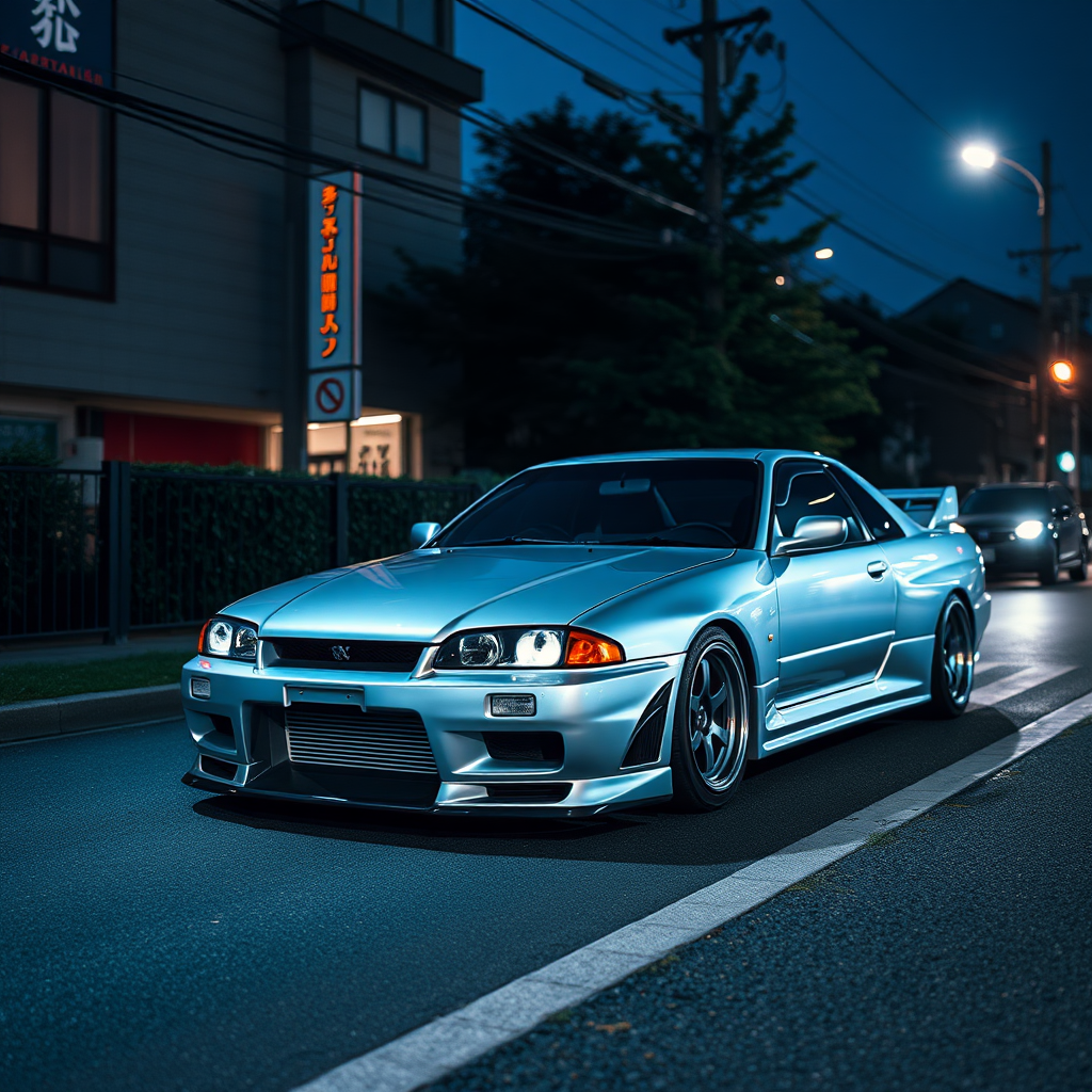 The car is parked on the side of the road, inspired by Taiyō Matsumoto, tumblr, restomod, nd4, c4 metallic shine nissan skyline r34 kalabalik tokyo gece arkaplan