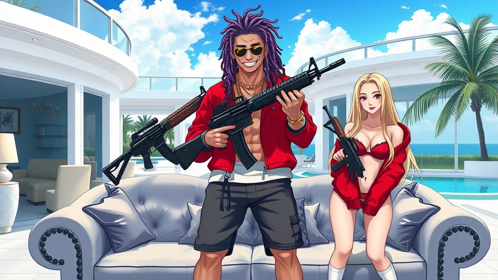 A high-quality anime art scene, a white thug male with purple dreadlocks standing on top of a sofa, golden grills, holding 2 AK-47s, in a modern-day mansion outside in Miami Beach. There are two white girls, long blond hair, with micro-bikinis and g-strings next to him wearing red Bape hoodies.