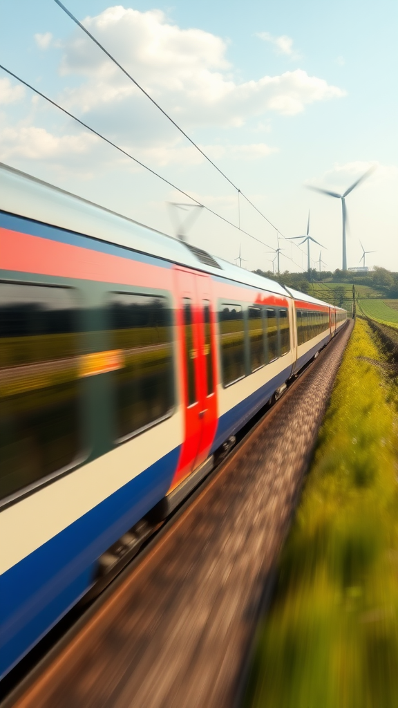 a high speed train similar to the TGV or bullet train moving at high speed through the english countryside - there are wind turbine visible in the distance - we see at least three carriages of the train