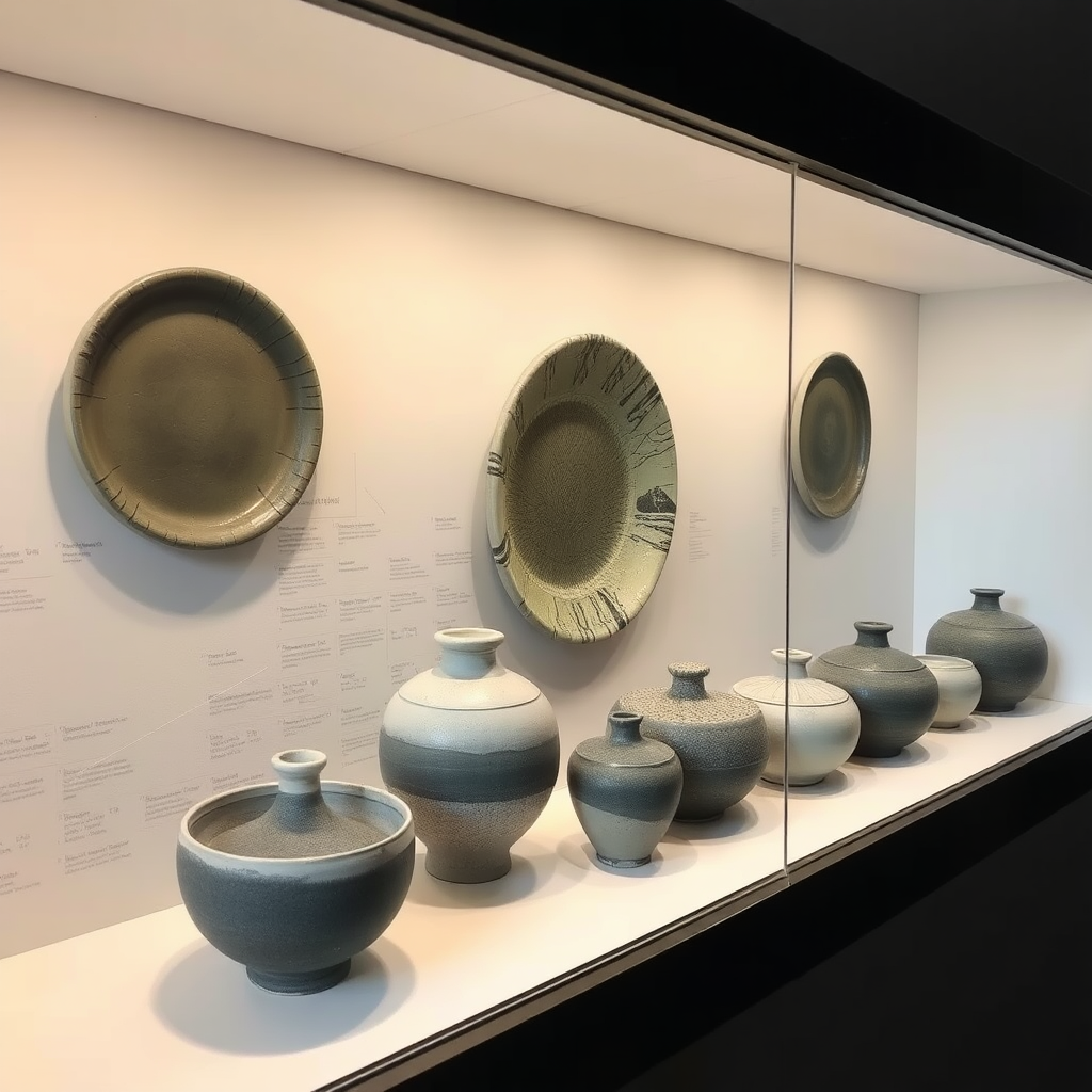 very ceramic pieces, in display case, in soft dark colors, cold aura