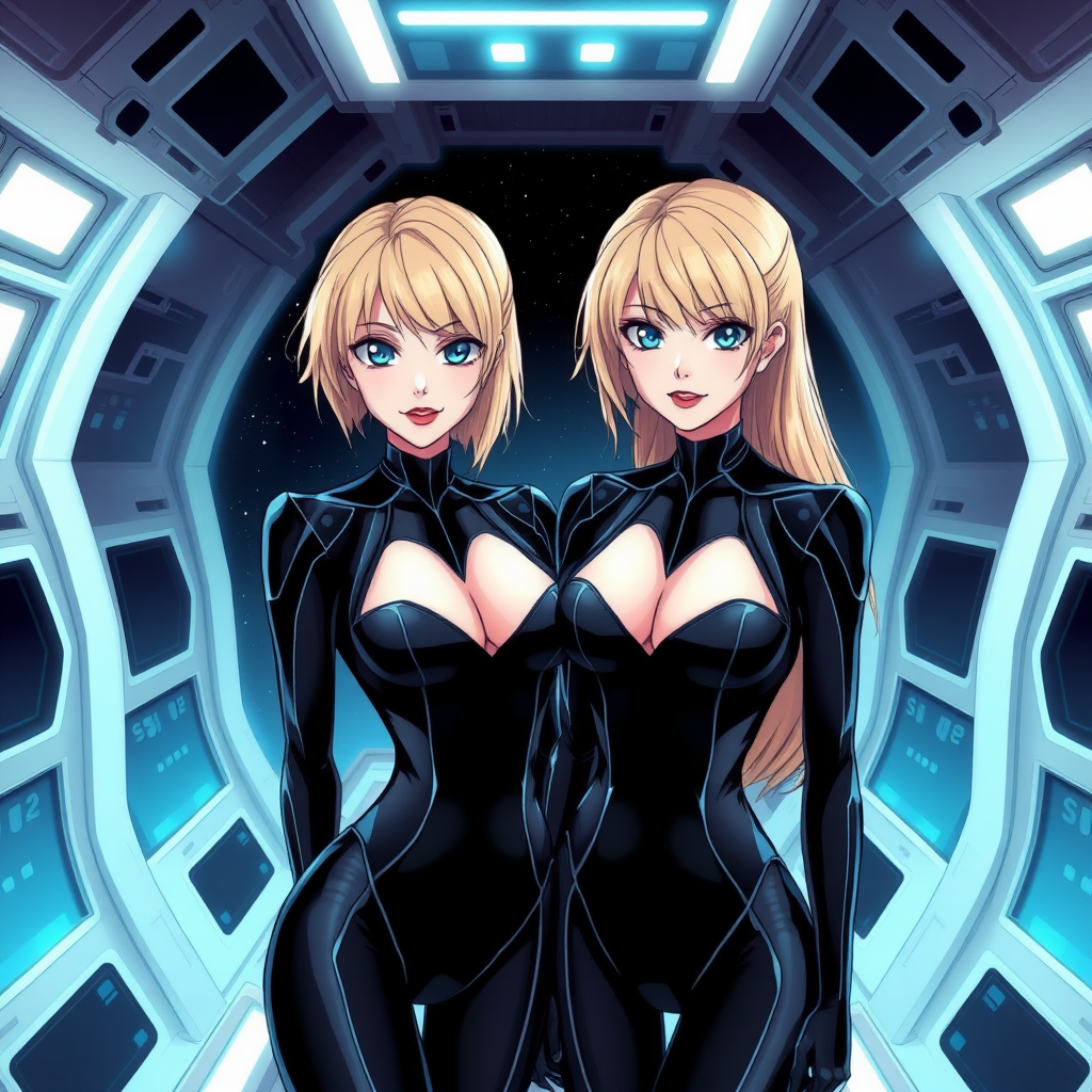 (Anime Styled Art) background of white-black spacecraft interior, 2 beautiful but cold blond-haired big blue eyed females, they are wearing one-piece skintight scifi black suits, red lips