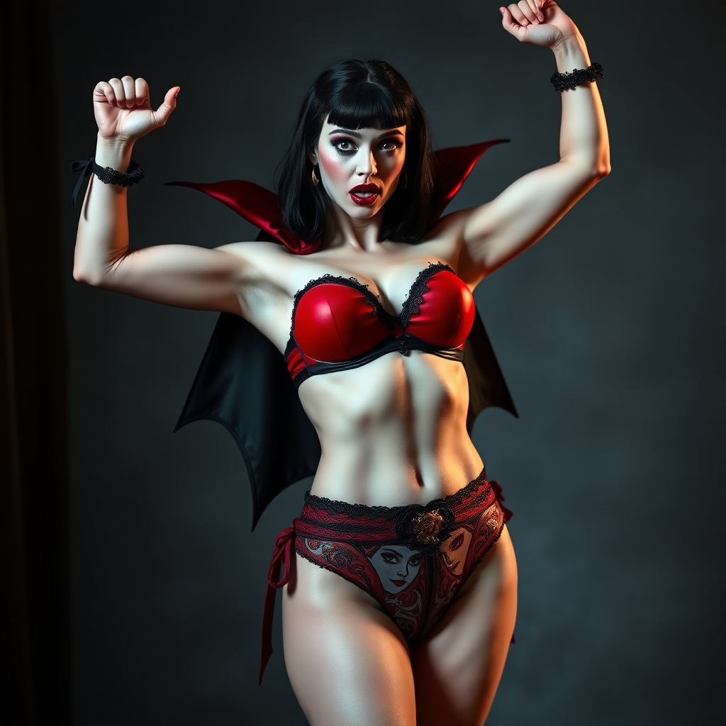 imagine: Vampirella both arms up menacingly at the viewer intensely with one arm up high in the air. She's wearing a Vampirella themed adult diapers with insane detailing. Cosplayed by a Romanian dancer.