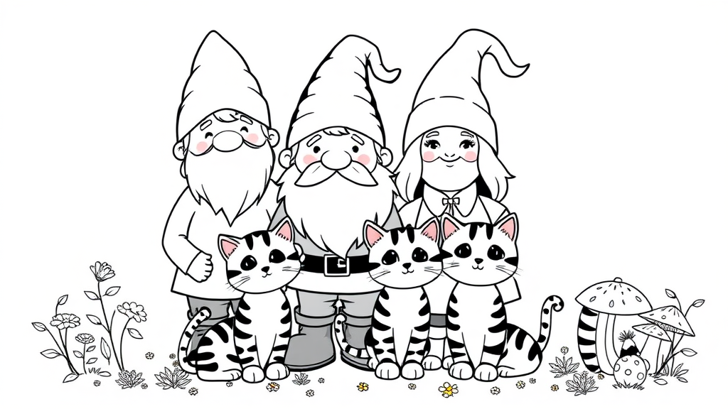 A happy Gnome family with 2 parents, a boy, and a girl along with 2 Bengal cats, standing. Flowers and mushrooms around.

Black and white - no gradients or greys. Vector style, isolated on white.