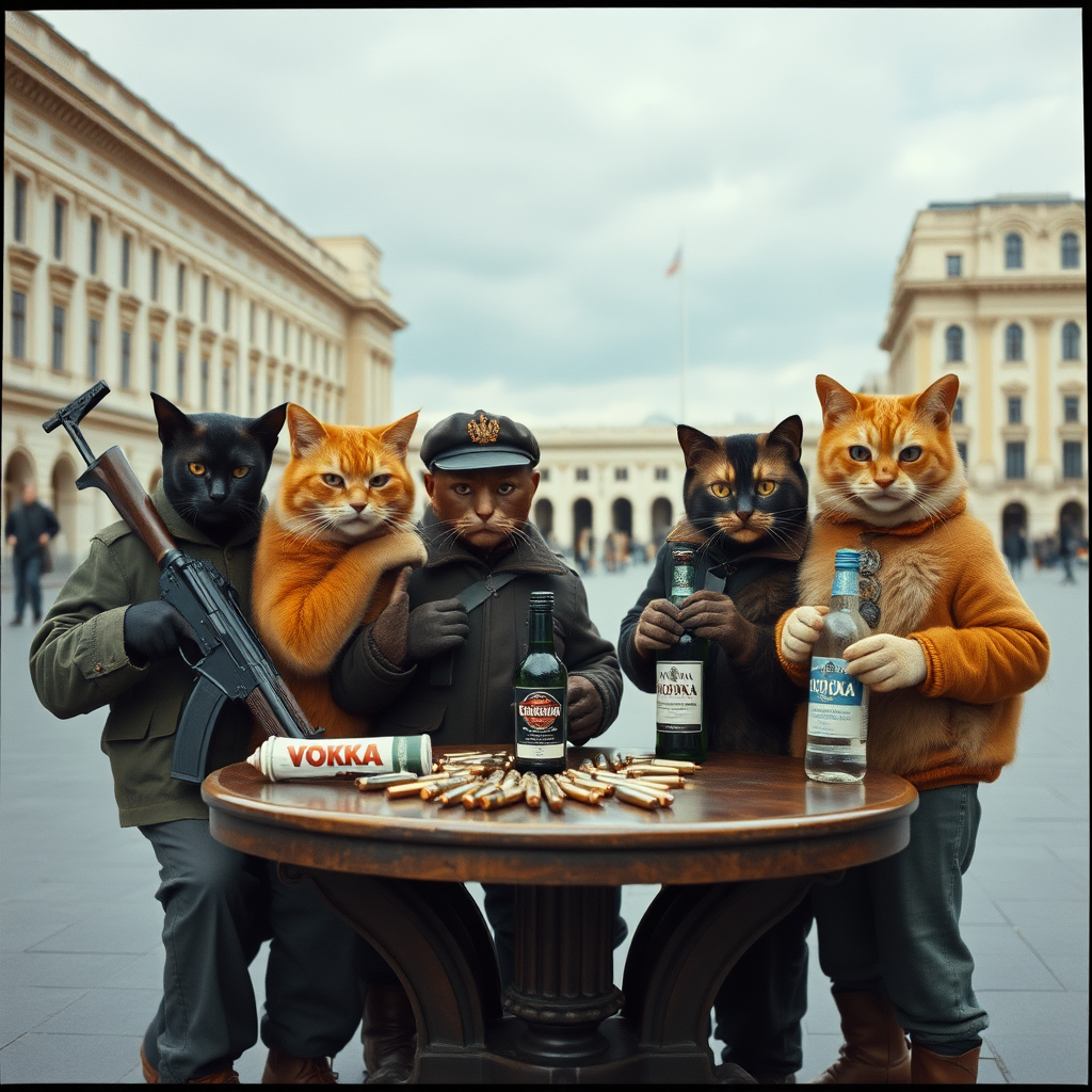 4 serious cat-men in a large square, a dark-skinned one holding an AK-47, an orange one wearing a Russian military cap, a dark brown one and a light brown one, communists from the USSR with VODKA, around a table with bullet casings on it (film photography style)