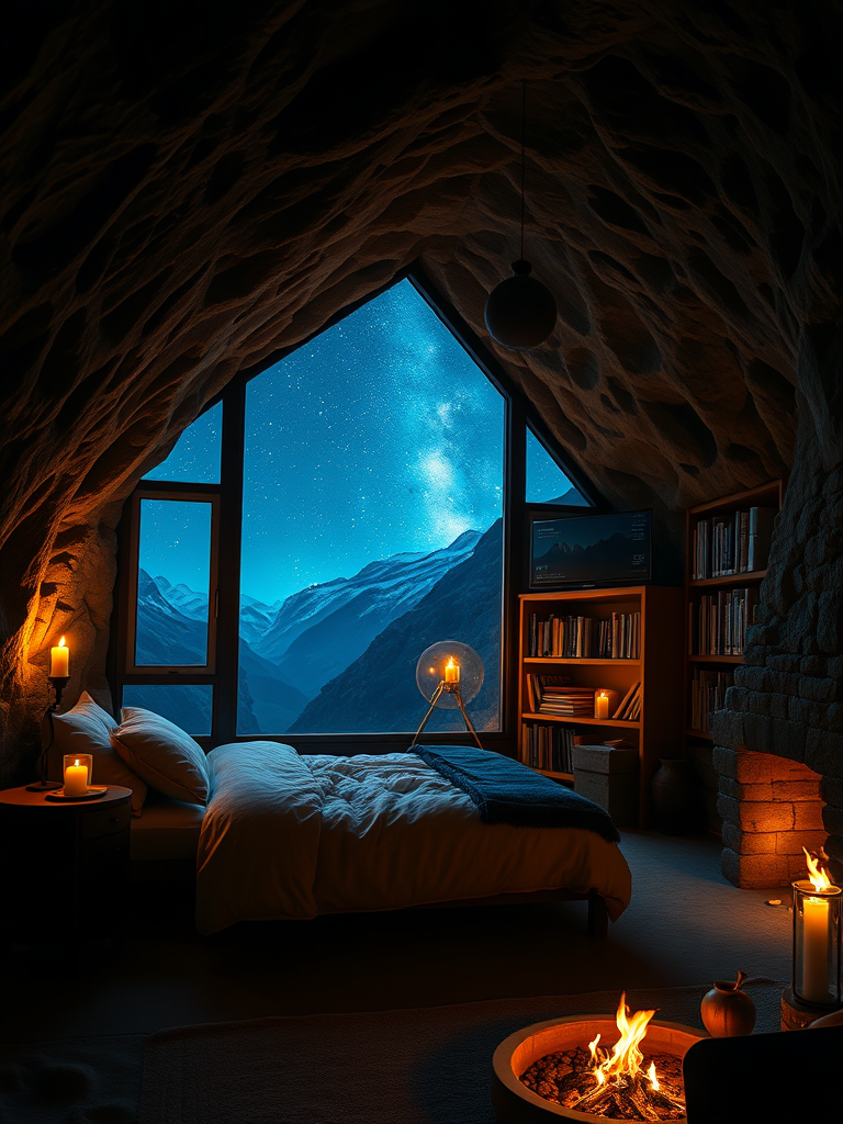 In a tranquil cave, there is a cozy little cabin with large windows set into the walls, through which the starry sky and mountain scenery can be seen. Inside, there is a comfortable bed with a display screen on the bedside, showing various data and graphics. The room is lit by candlelight, casting a soft glow that illuminates the entire space. In one corner, there are some books, and the bookshelf is filled with various types of books. A warm fire burns in the fireplace, radiating comforting heat that makes one feel relaxed and at ease. Reality, realistic, true.