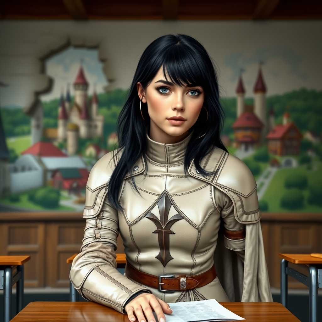 beautiful young woman, dark hair past her shoulders, blue eyes, small, slim figure, wearing light full leather armor suit with long cape, sitting in a school classroom at student desk with the wall missing with a beautiful medieval village in the background.