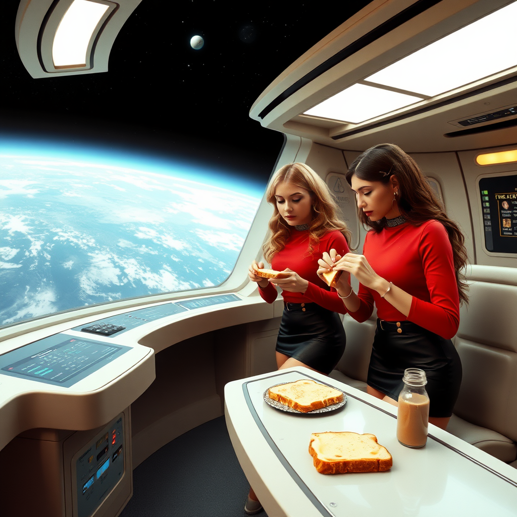 the sugababes in girl band clothes are on the bridge of the starship enterprise in high earth orbit - one is making a sandwich - the other is buttering a slice of toast