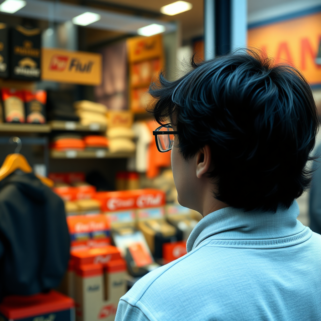 create an image of a person staring at a store that has f1 merchandise