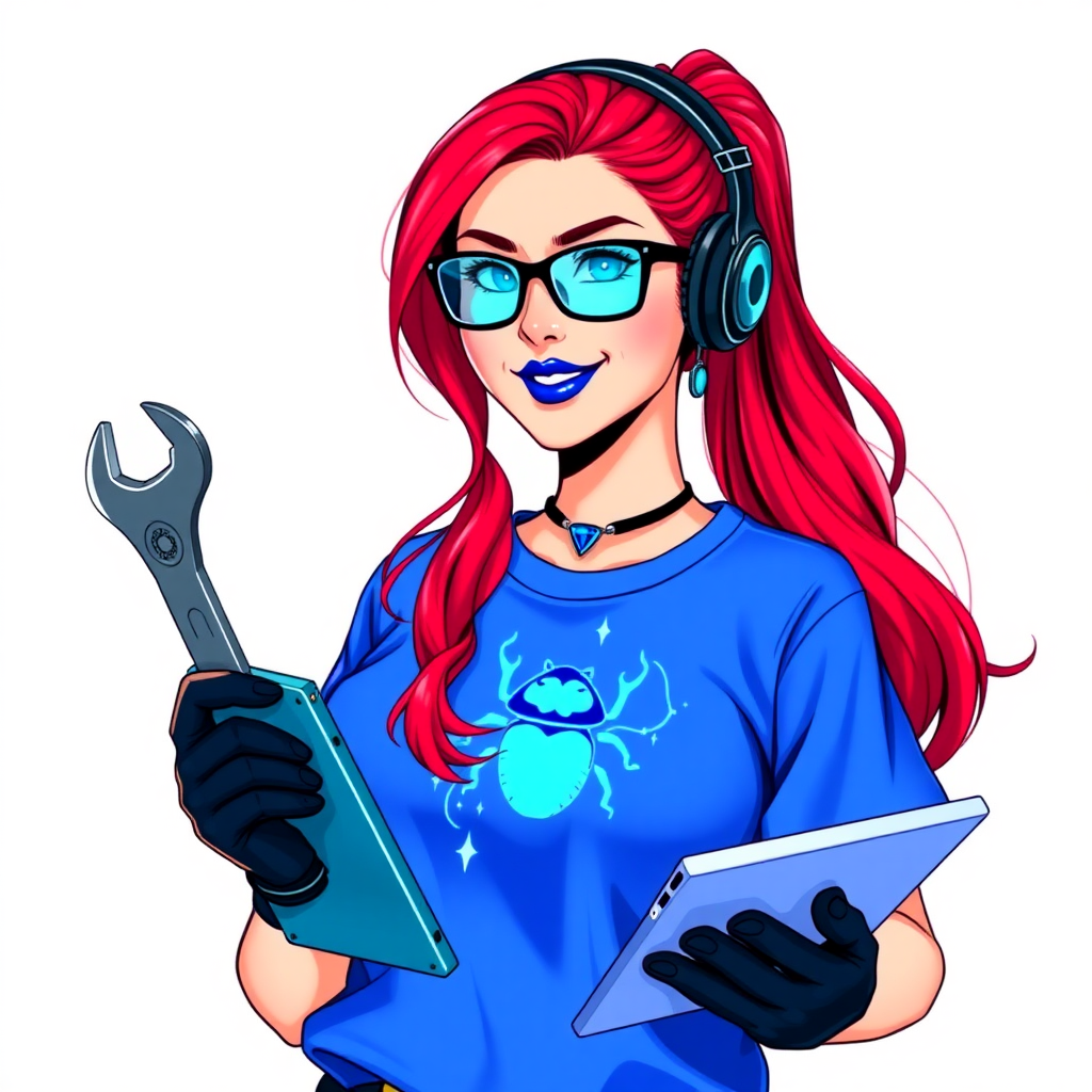 An intelligent and tech-savvy 29-year-old computer hacker and tech genius. She has a long ruby red ponytail. She wears maximum blue lipstick, blue eyes, a sapphire beetle gemstone necklace, sapphire earrings, black eyeglasses, hi-tech power gloves, and an oversized maximum blue t-shirt featuring a neon blue glowing beetle chest icon. She has a gargantuan full-figured physique with a prominent round gargantuan midsection, reflecting her well-cared-for lifestyle. She sports a sapphire headset with a hi-tech maximum turquoise lensed HUD, and a beaming smile accentuated by a passionate neon red blush. She serves as his tech expert from his hideout, holding a futuristic tool wrench and a futuristic digital tablet. The background is solid white. She is drawn as if she was in a retro 2D cyberpunk fighting game.