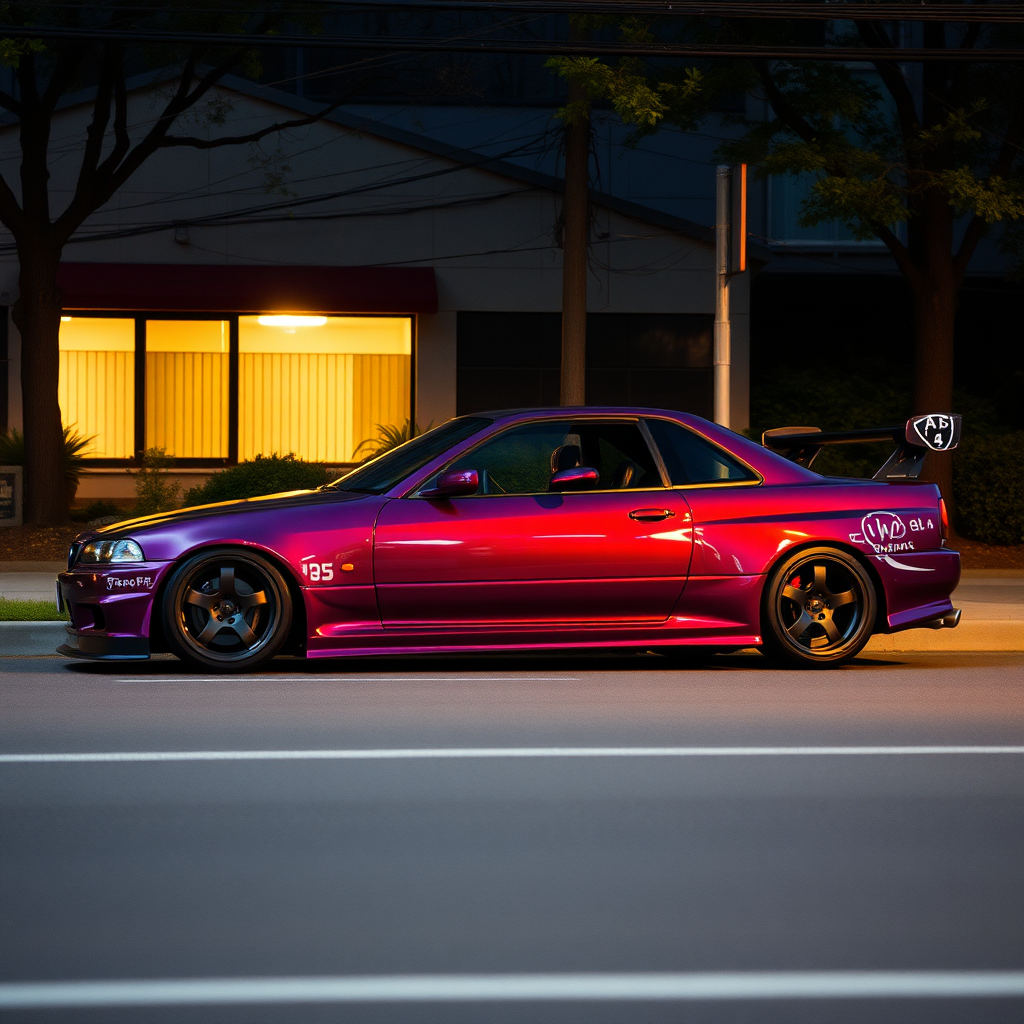 the car is parked on the side of the road, inspired by Taiyō Matsumoto, tumblr, restomod, nd4, c4 metallic shine nissan skyline r34