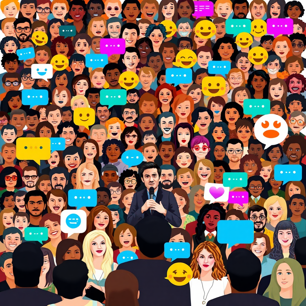 A vibrant mosaic composed of faces of people from different backgrounds and ages, representing both in-person attendees and virtual participants. The faces are arranged creatively to form the shape of an audience or blend into the background of an event scene. Scattered throughout the image are colorful speech bubbles, chat messages, and emojis of varying sizes, creating a sense of energy and active engagement. The host is visible, interacting with this dynamic crowd, highlighting the collective participation.