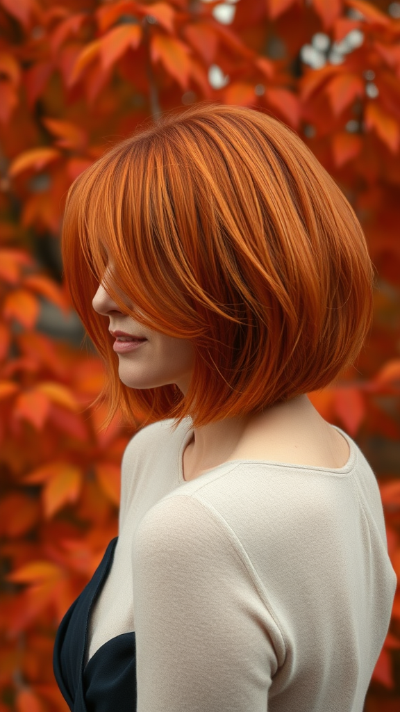 Kate Moss with a bob hairstyle, bright orange-red color, against a background of autumn chestnut foliage, in high definition.