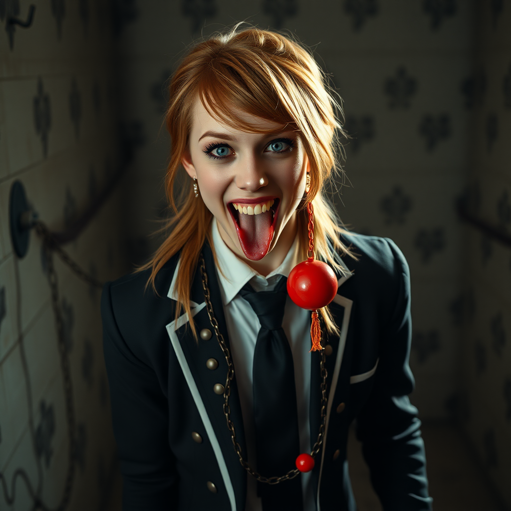 photorealistic, ultra high resolution, 16K, surreal fantasy, soft studio lighting, Tyler Swift is a pretty 18 year old goth male vampire, slim male physique, auburn hair, vampire long canine teeth, goth makeup, earrings, shiny black pantyhose, school uniform shirt tie and blazer, Mary-Jane shoes, spikey neck collar chain and leash, red ball-gag, in a dungeon, the end of the leash is chained to the wall, in daylight, excited open mouth smile, drooling a stream of saliva, facing the camera.